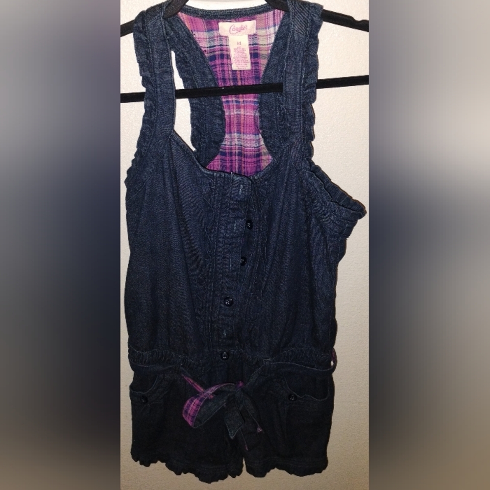 Denim romper style shorts with belt and pockets